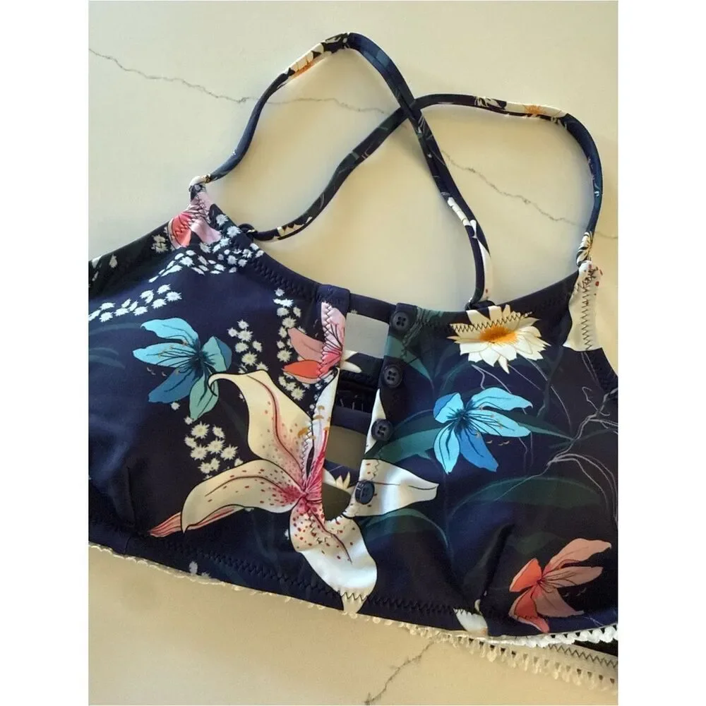 CUPSHE Navy Floral Cutout Bikini | Women’s Large ✨ NEW WITH TAGS